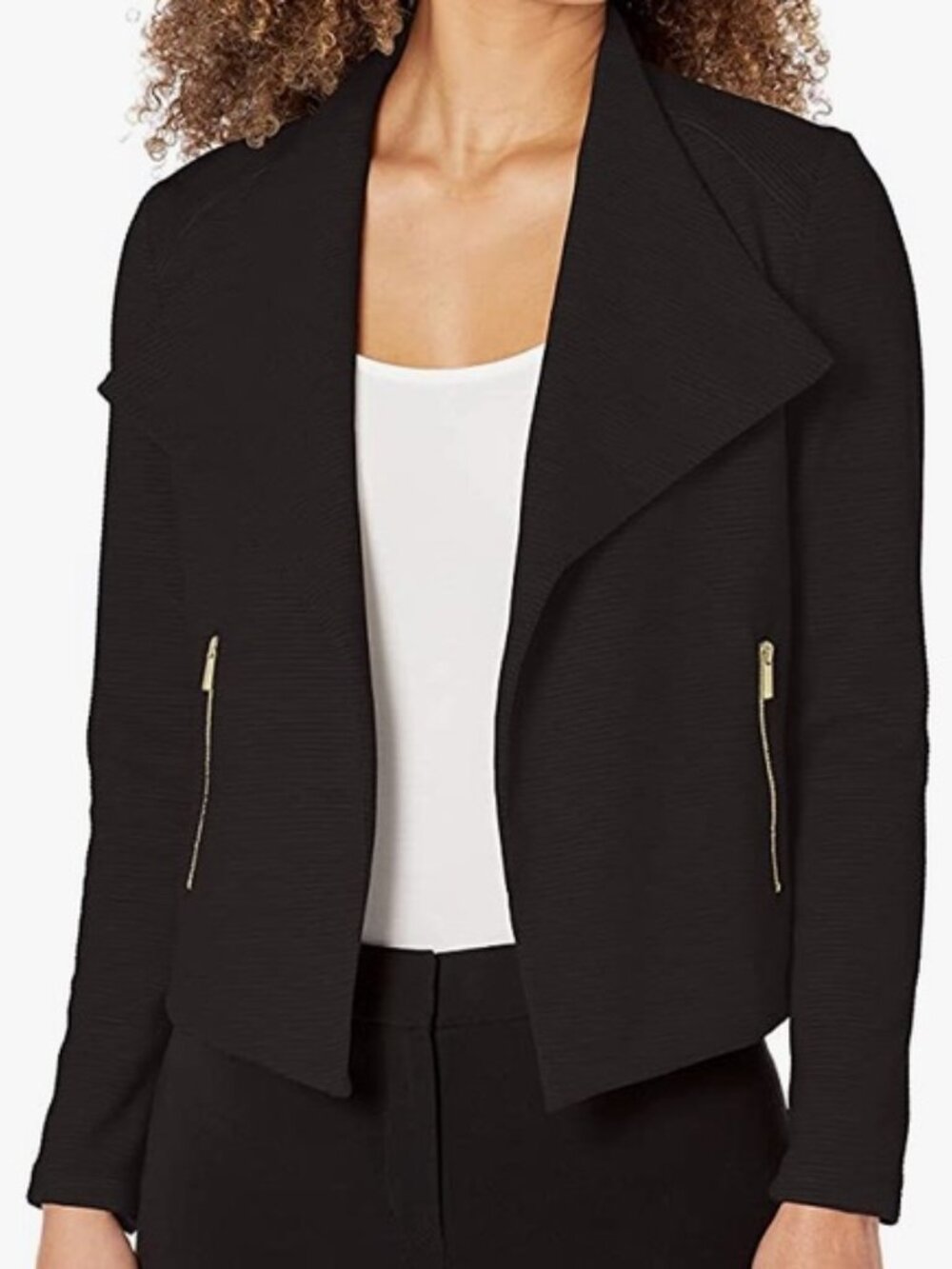 Calvin Klein Black Ribbed Cropped Open Front Jacket Gold Zippers Small